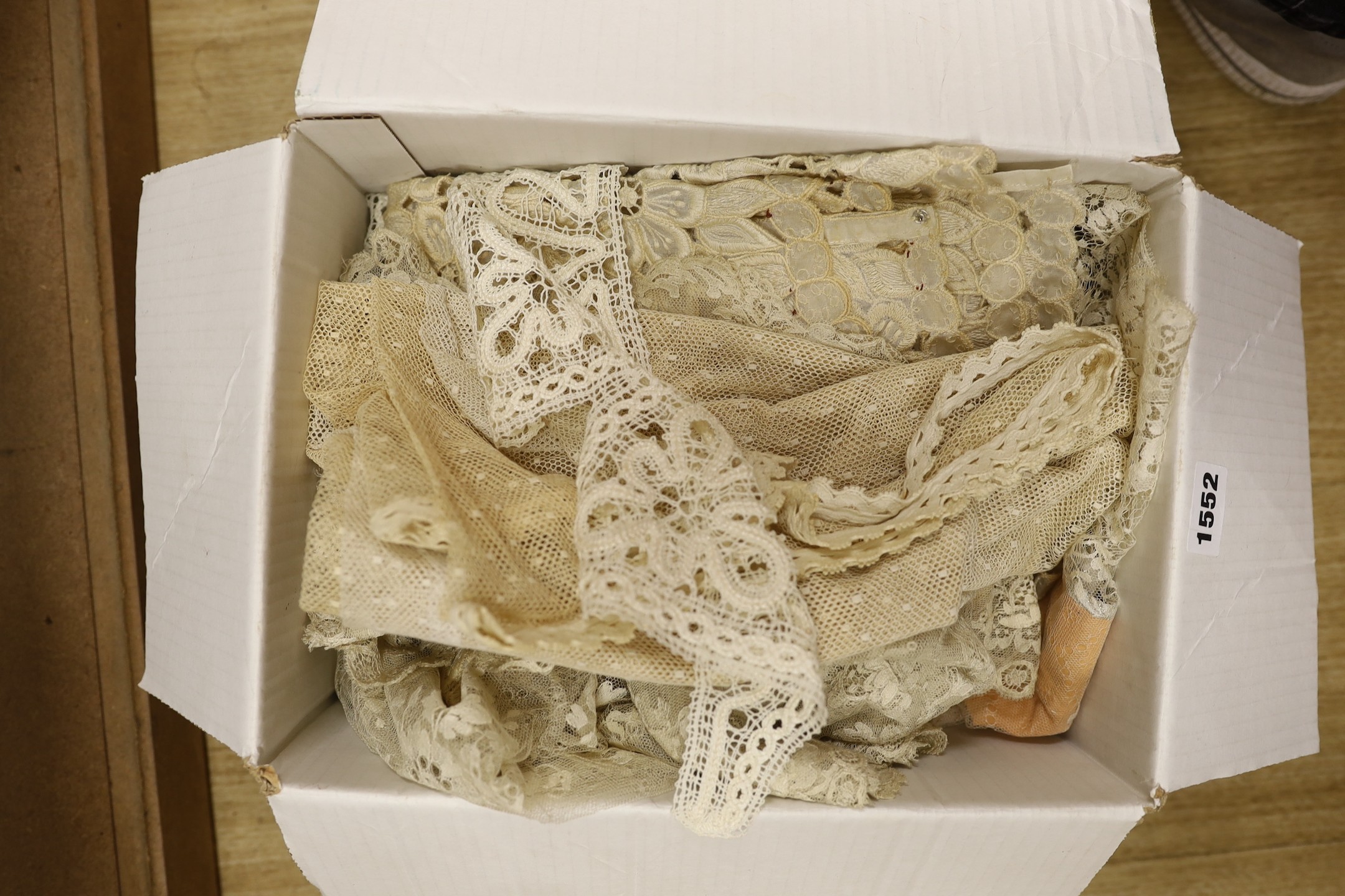 A collection of cream and black machine lace stoles, etc.